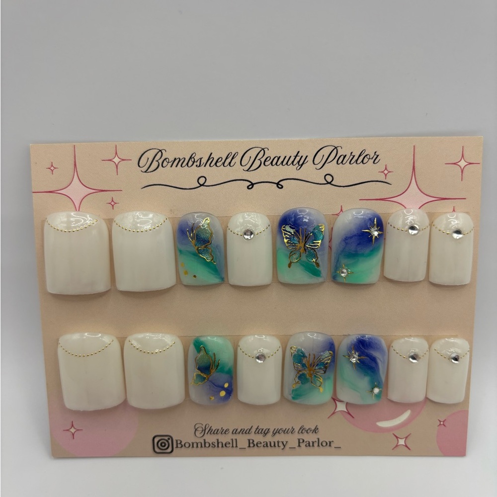 Butterfly Nail Art Set with Blue and Green Accents